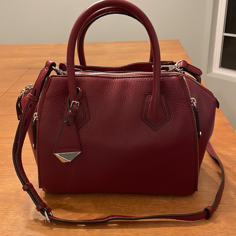Rebecca Minkoff mini Perry satchel. Burgundy pebbled leather.